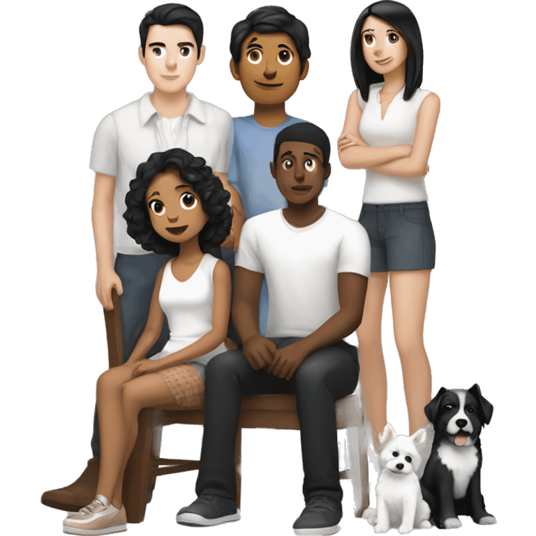 girl with white skin and black hair sitting next to a man with white skin and black hair, and a black and white colored dog sitting next to them and also a brown dog sitting next to them emoji