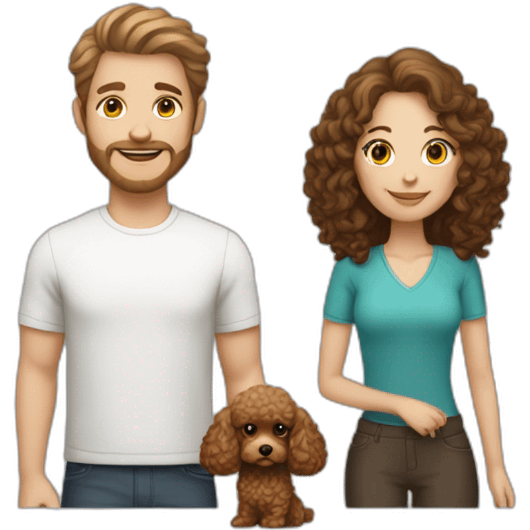 A white man with light brown hair, a white woman with long dark brown hair and a toy poodle with brown hair emoji