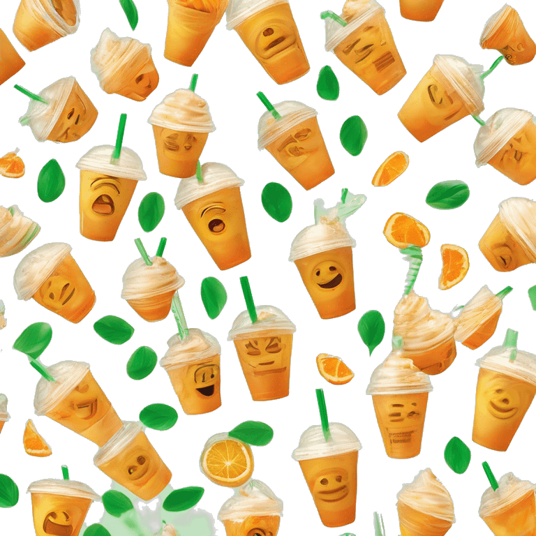 Realistic clear plastic cup with orange plastic Transluscent domed lid with orange and white swirled Frappuccino inside and green straw through the top of the lid. emoji