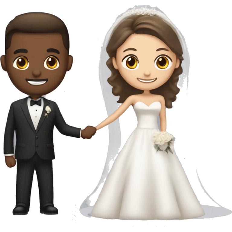 bride with long dark brown in off the shoulder dress and groom with light brown hair in dark suit emoji