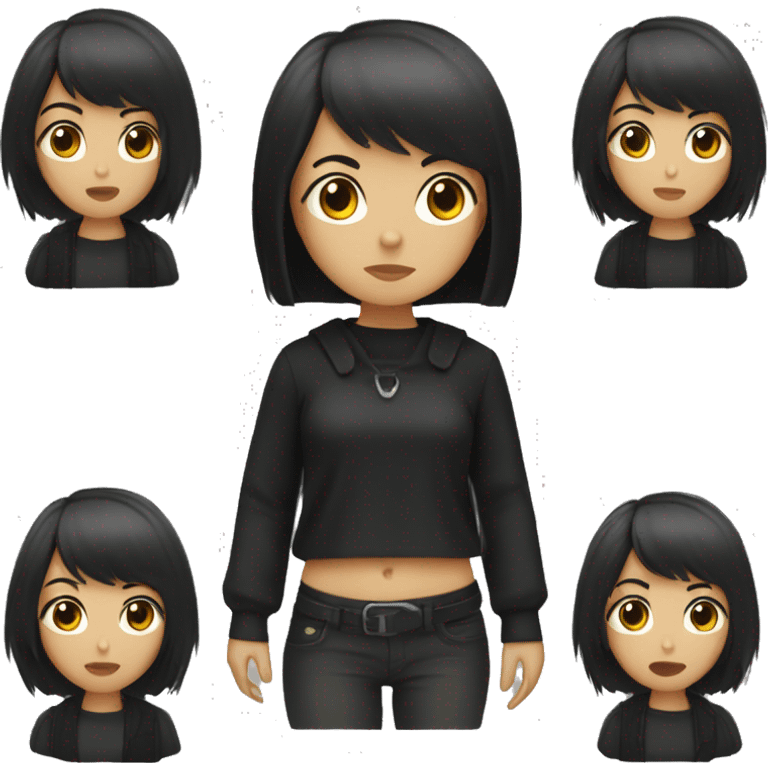 Girl with tan skin and short black hair with bangs with a very serious face and black clothes holding a camera emoji