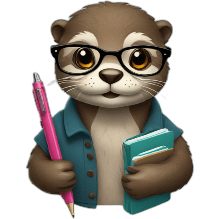 Otter with glasses holding multiple journals, planners and pens emoji