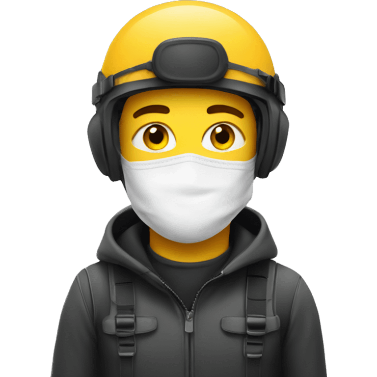 Youngman wearing safety ski mask, helmet safety and earplug emoji