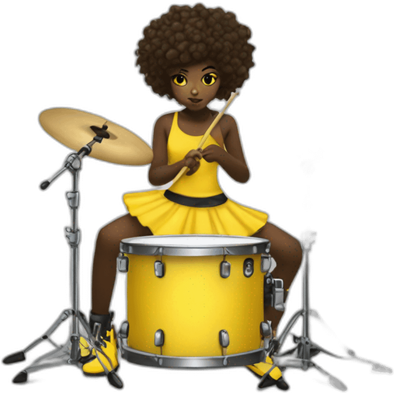 cute punk girl in yellow dress dark skin with yellow eyes and dark curvy hairs plays on drums emoji