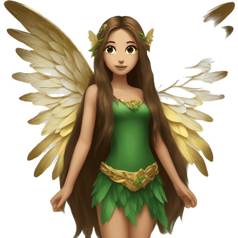 big wings, Beautiful, fairy, gold, brown, dark green, green, long hair emoji