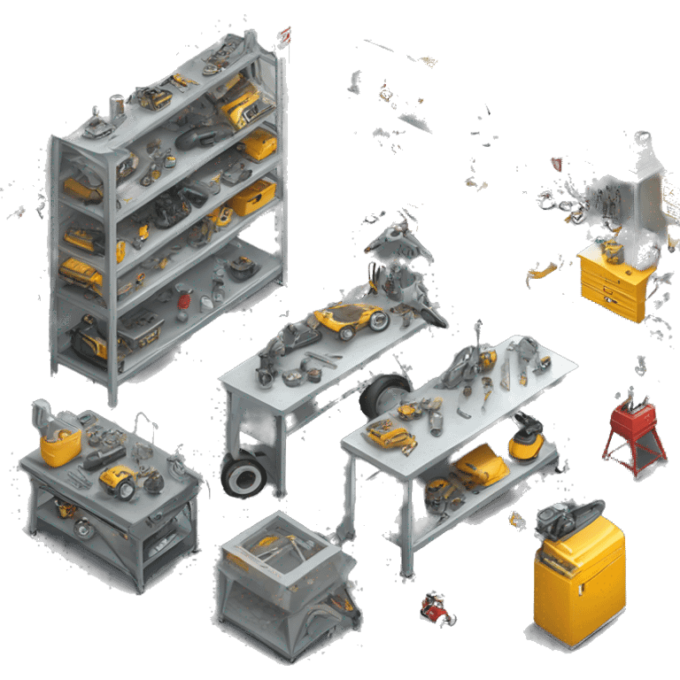 A repair workshop with various tools hanging on the walls, workbenches filled with equipment, and a car lifted on a hydraulic jack for maintenance. The space is industrial, with metal shelves and cabinets holding spare parts emoji