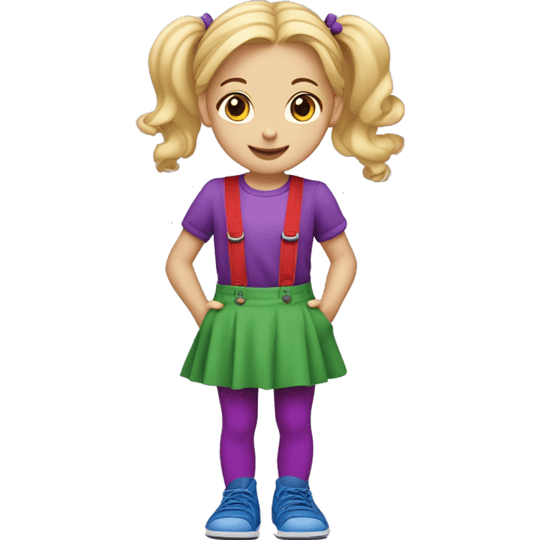 A little blonde girl with pigtails and little purple bows wearing a red long-sleeved shirt and purple overalls skirt with blue tights with green polka dots and purple sneakers. emoji