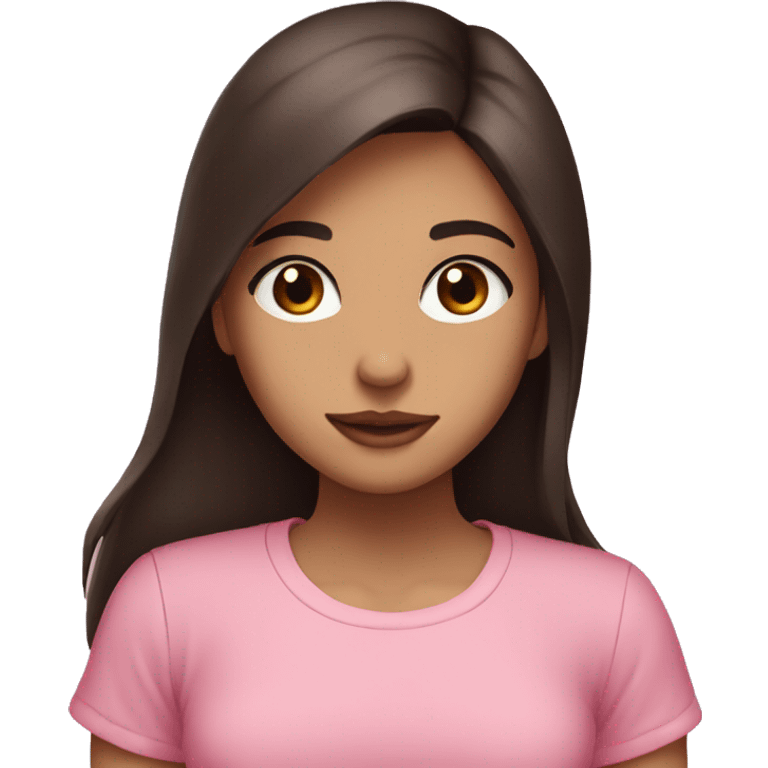 Aesthetic girl with long dark brown hair and brown eyes wearing a pink shirt  emoji