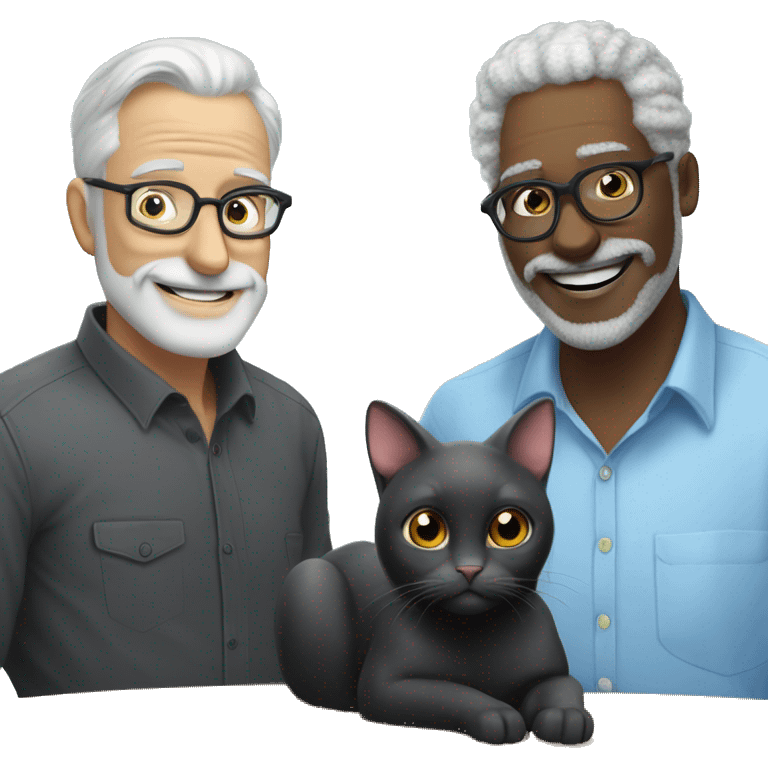 A black cat with a mouse in his mouth next to the cat a man smiling softly with grey hair no beard rectangular glasses in a sky blue shirt  emoji