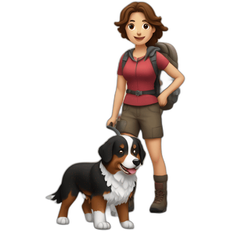 a viking bernese mountain dog hiking with a woman with brown hair with a reindeer emoji