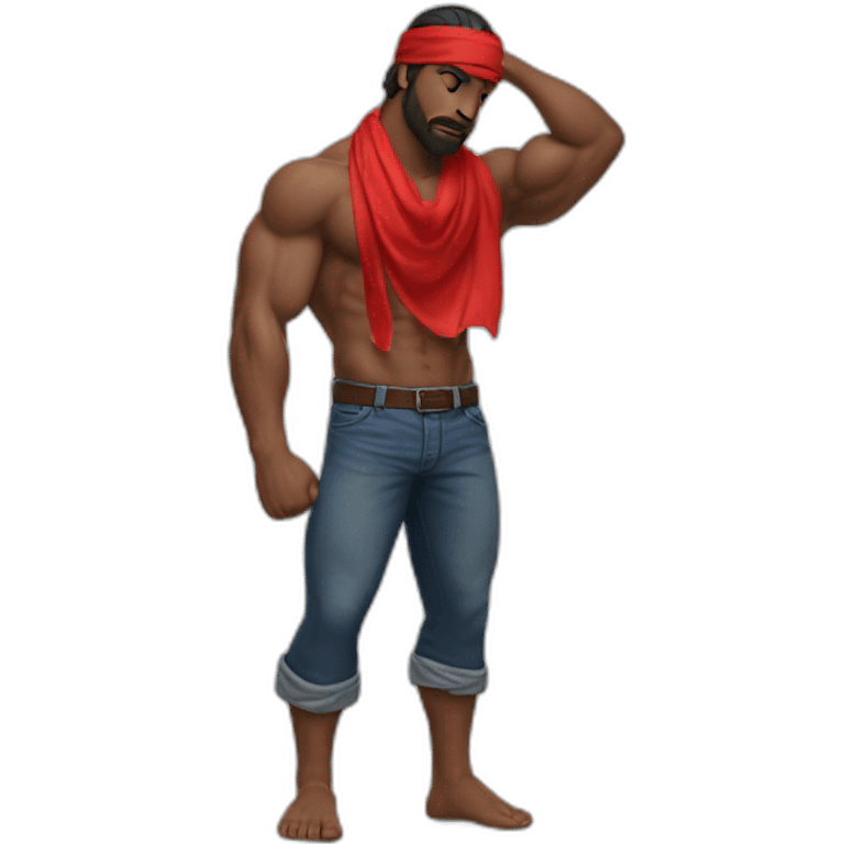 muscular man in red bandana standing sideways turns his head to face the viewer,his hand is bent in the elbow,torso emoji