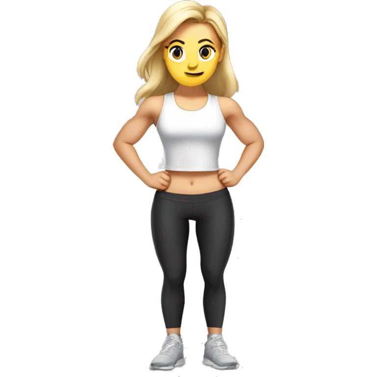 muscular white girl doing squats in a t-shirt and leggins at gym emoji