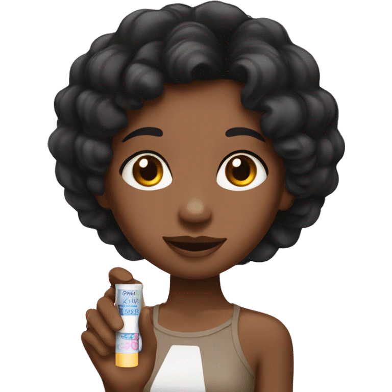 Brown skin girl with straight black hair holding lip balm  emoji