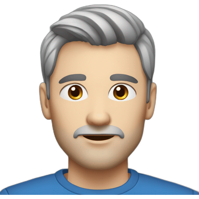 Scandinavian man, age in 40s, blue eyes, dark grey hair, short hair on the sides, more hair on the top large lips, slim face, dark tshirt, thin light eyebrows, no beard, emoji