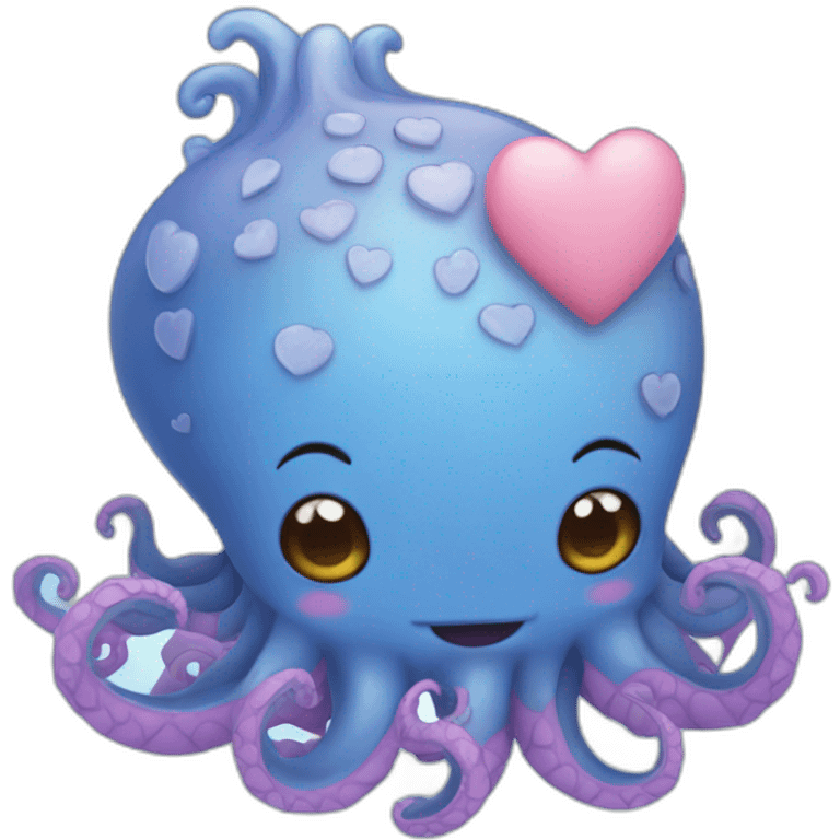 cute blue kraken with adorable face with many hearts around emoji