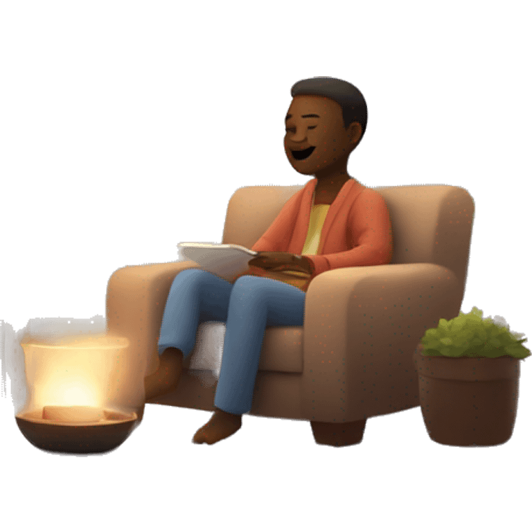 An image of a person relaxing on a comfy chair with a blanket, a cup of tea, and soft lighting, creating a peaceful atmosphere emoji