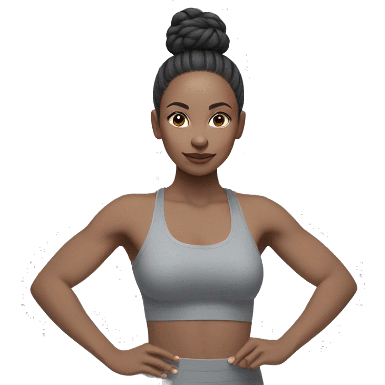 Pale skinned fit woman In a gray tight yoga suit and wristbands With black hair in a bun doing yoga emoji