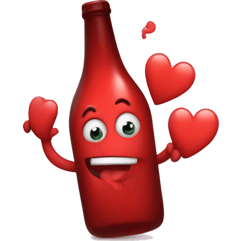 A red heart ❤️ with eyes, a mouth, and hands, tipsy and drunk, holding a bottle, looking wobbly and playful emoji