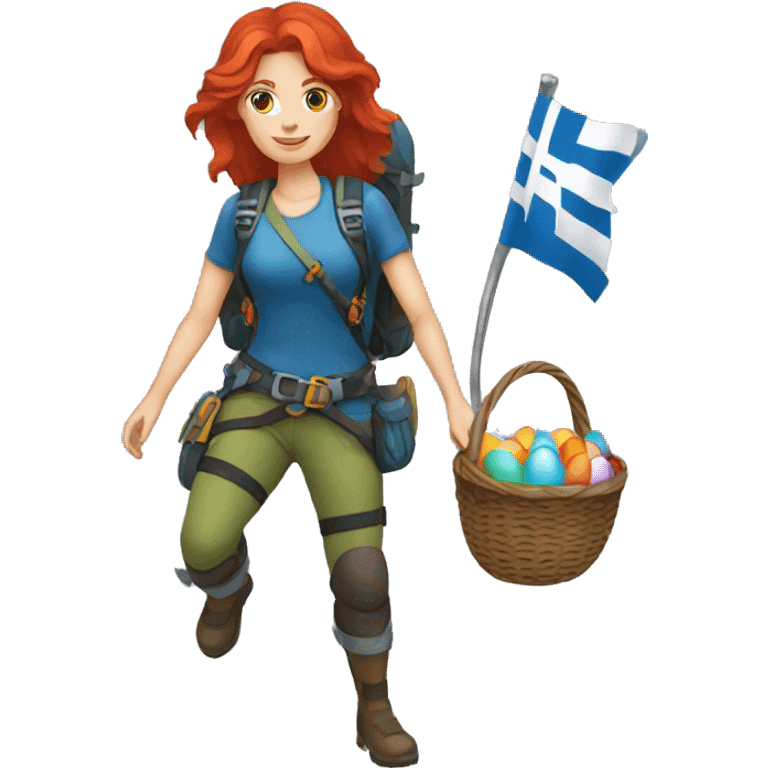 Female mountaineer red hair climbing with Greek flag and holding Easter eggs basket emoji