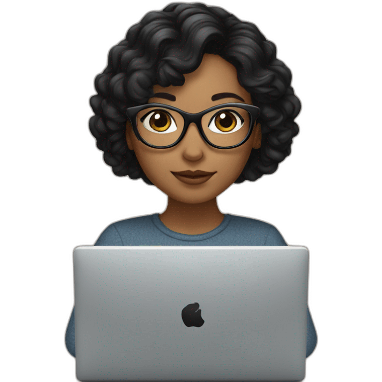 young woman with black wavy hair and square black glasses on computer emoji