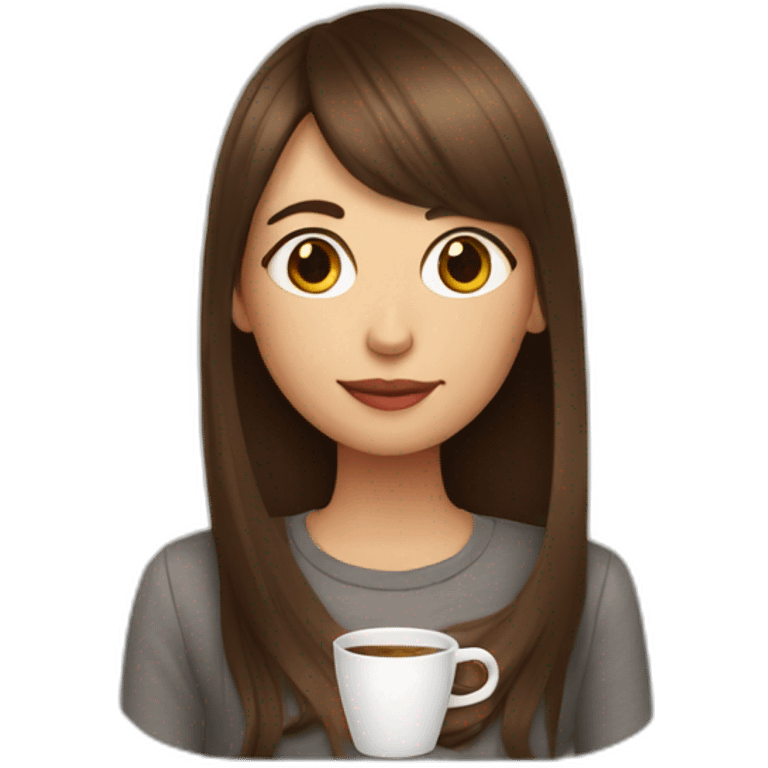 A girl with elongated bangs and long brown hair drinks coffee emoji