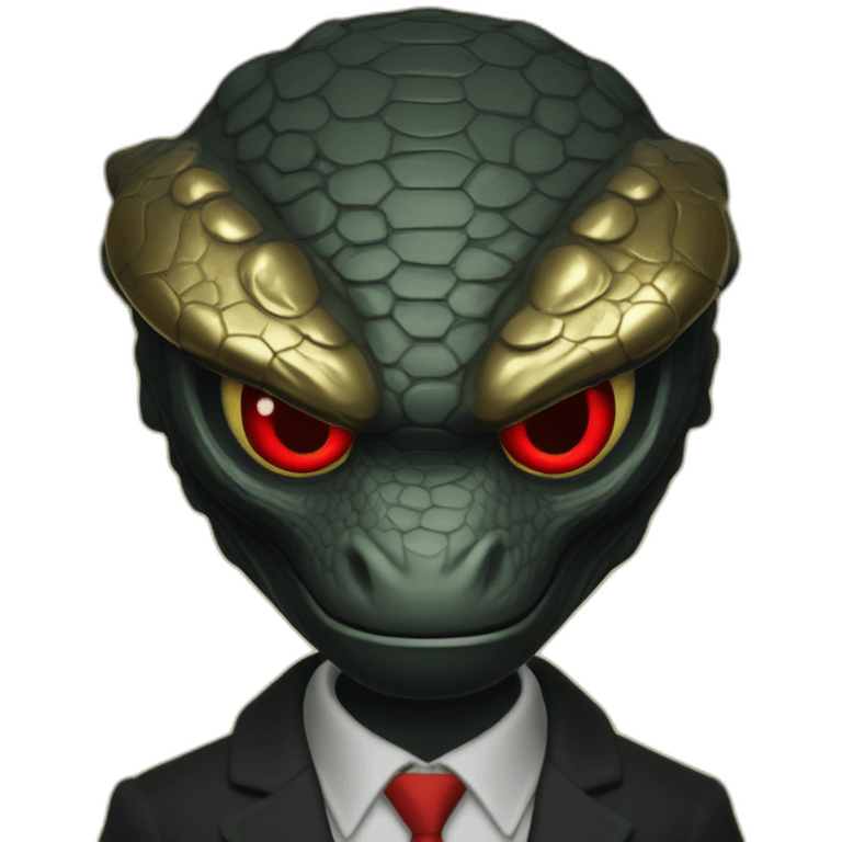 Reptiloid in black suite with red laser eyes on the gold coin emoji