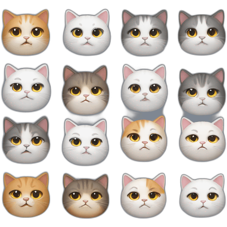 Generate 9 cute cats, including expressions such as crying, angry, cute, shy, happy, and depressed emoji