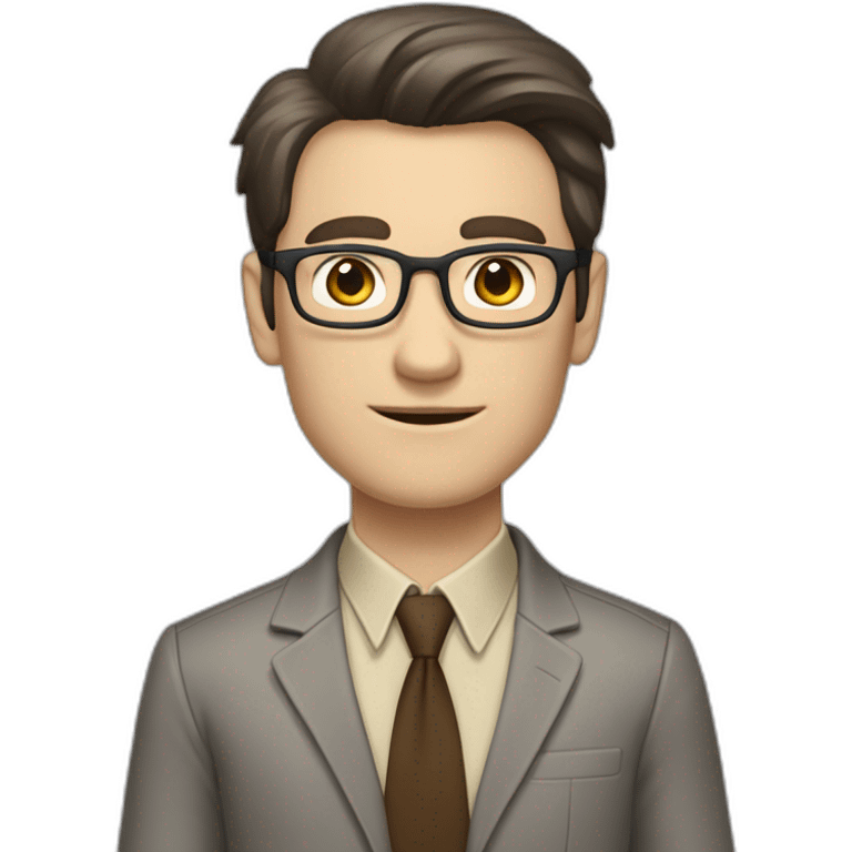 Full height Gesticulating Pale skinned fit man with dark brown hair in gray jacket, beige office shirt, brown tie, brown pants and vintage glasses. emoji