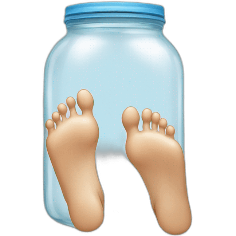 human feet standing on the floor with an empty transparent jar between them,outside,to the left and to the right,front view emoji