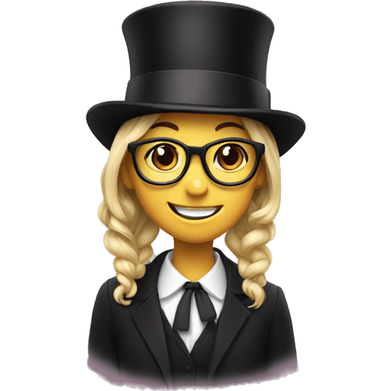 happy girl with glasses in top hat emoji