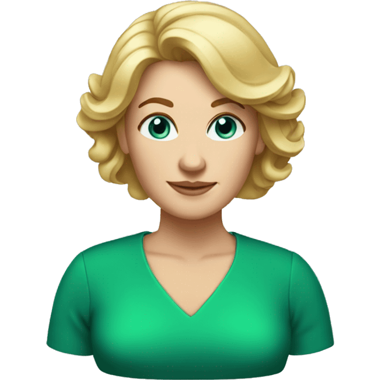 blonde hair 50 year old woman, should length hair, blue eyes, green dress emoji