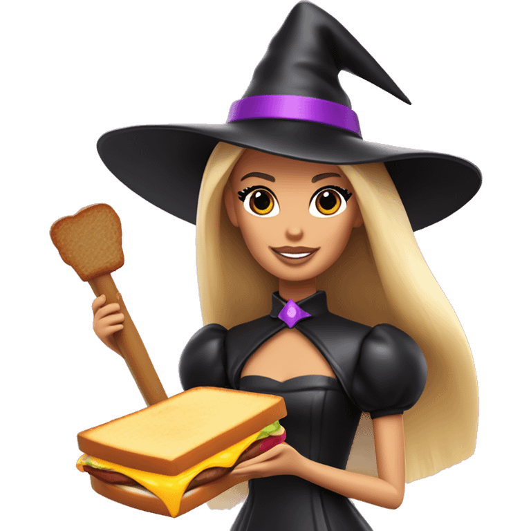 Barbie as a witch with a grilled cheese sandwich in one hand and a scepter in the other emoji