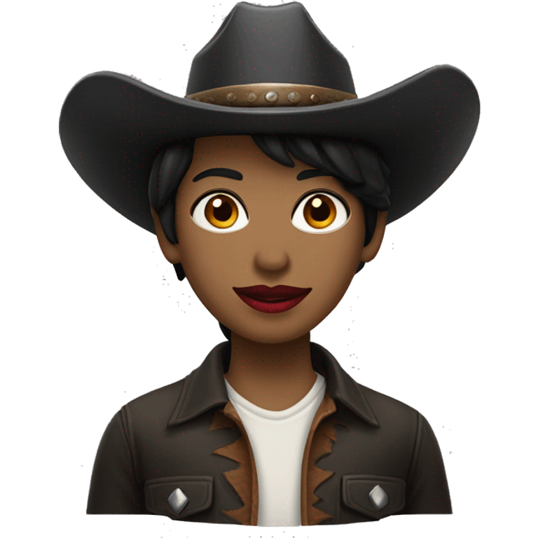 straight black hair,red lipstick,hazel eyes, white skin, a small nose and a cowboy hat  emoji