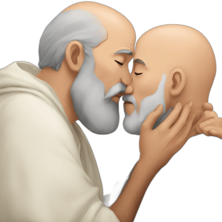 older bald European bearded  man kissing bald dark older Arab bearded  man emoji