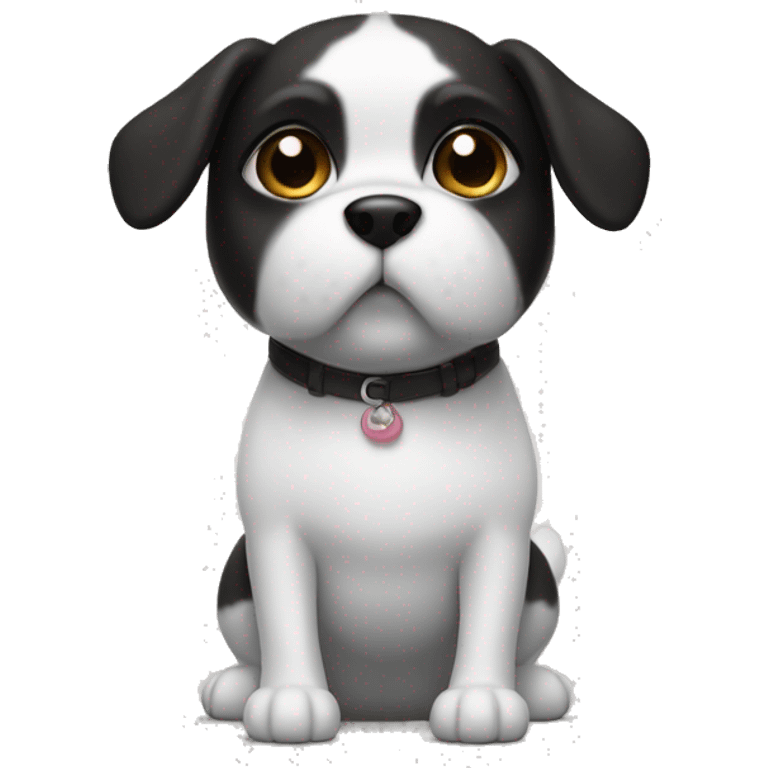 small dog with crooked front leg. black head, white body. emoji