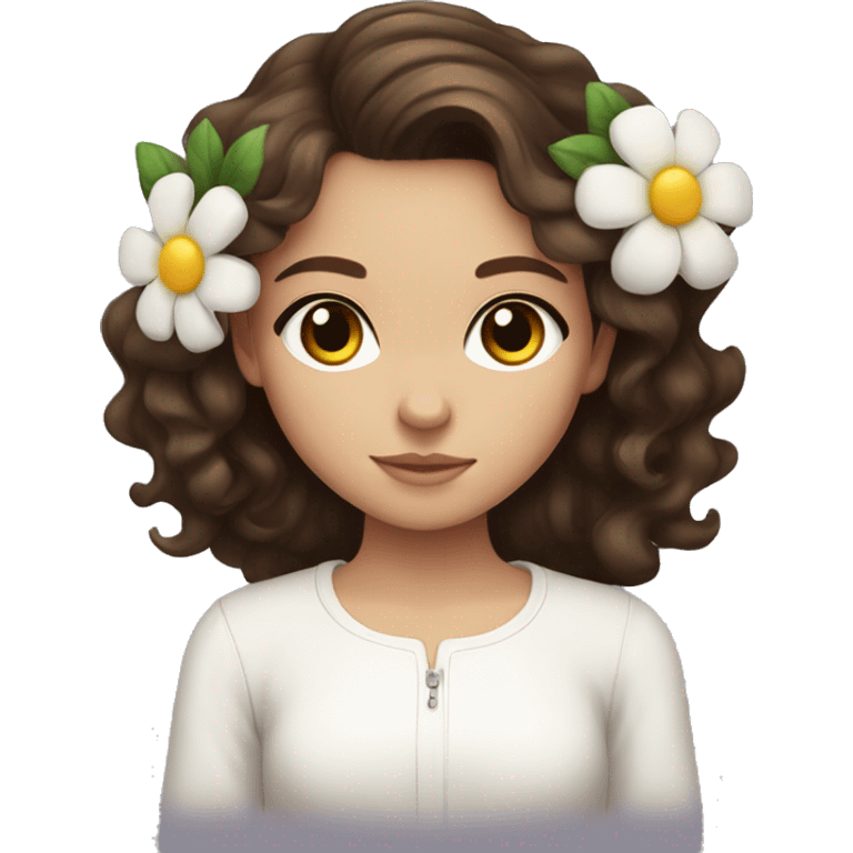 Brunette haired girl with wavy hair, dark brown and big eyes with a flower in her hair and a white long sleeve  emoji