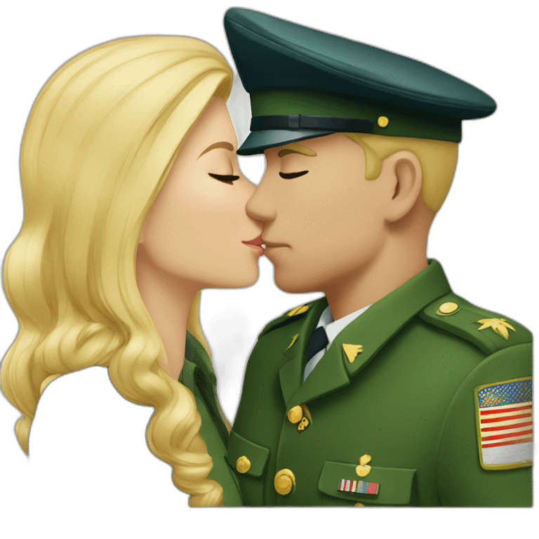 blonde girl kissing a military man in a green uniform emoji