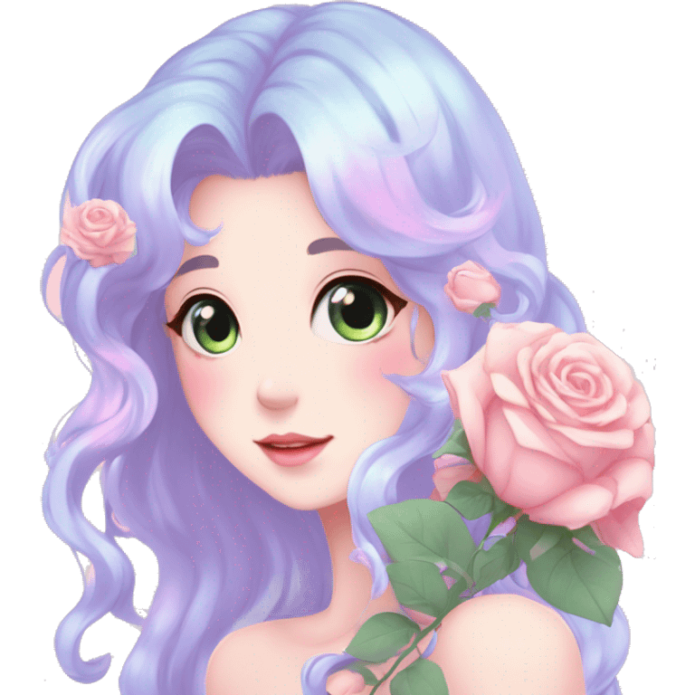 Gorgeous pastel anime style lady with blushing face and roses cottagecore fairycore pastelcore shiny colorful pearly petite simplistic aesthetic trending style emoji