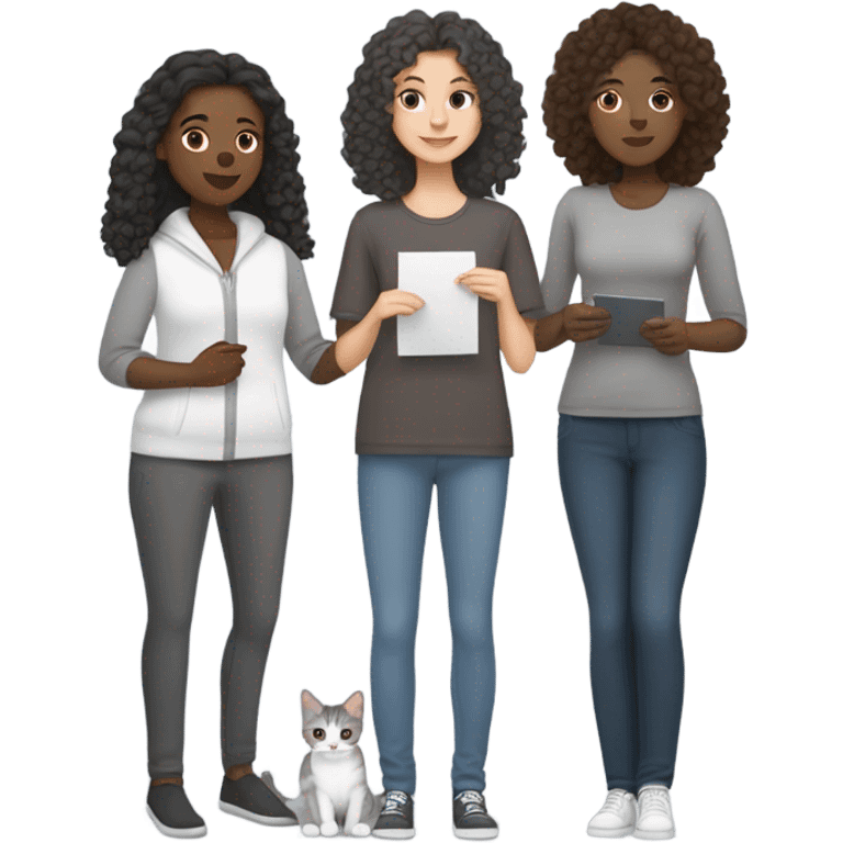 one white skinned woman with straight dark brown hair holding a grey tabby cat and one white skinned woman with curly long dark hair holding a dark grey cat emoji