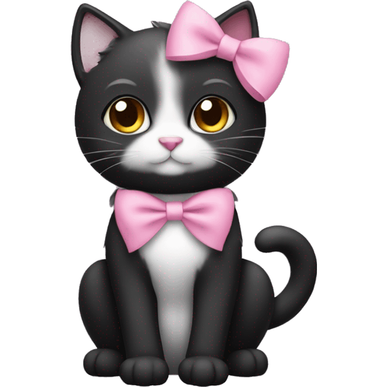 Black cat with white chest fur and a pink bow emoji