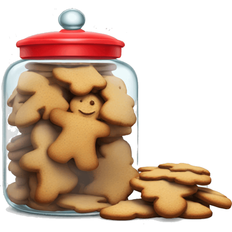 Realistic glass cookie jar with red lid full of gingerbread cookies isolated. emoji