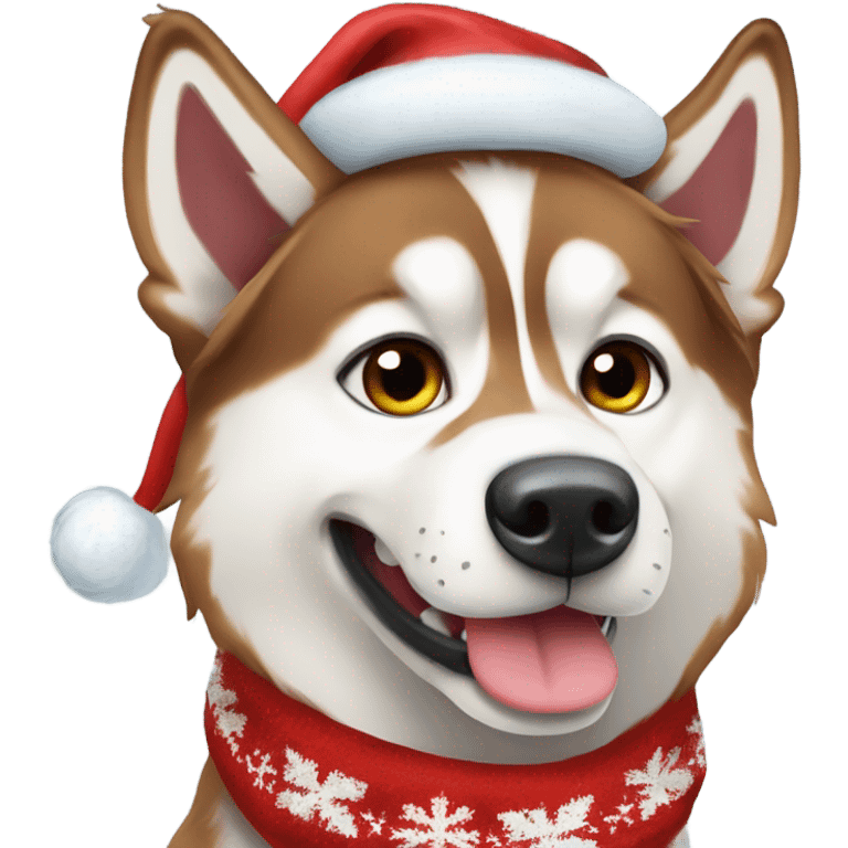 Blue-eyed red Siberian Husky wearing a Santa hat and scarf emoji