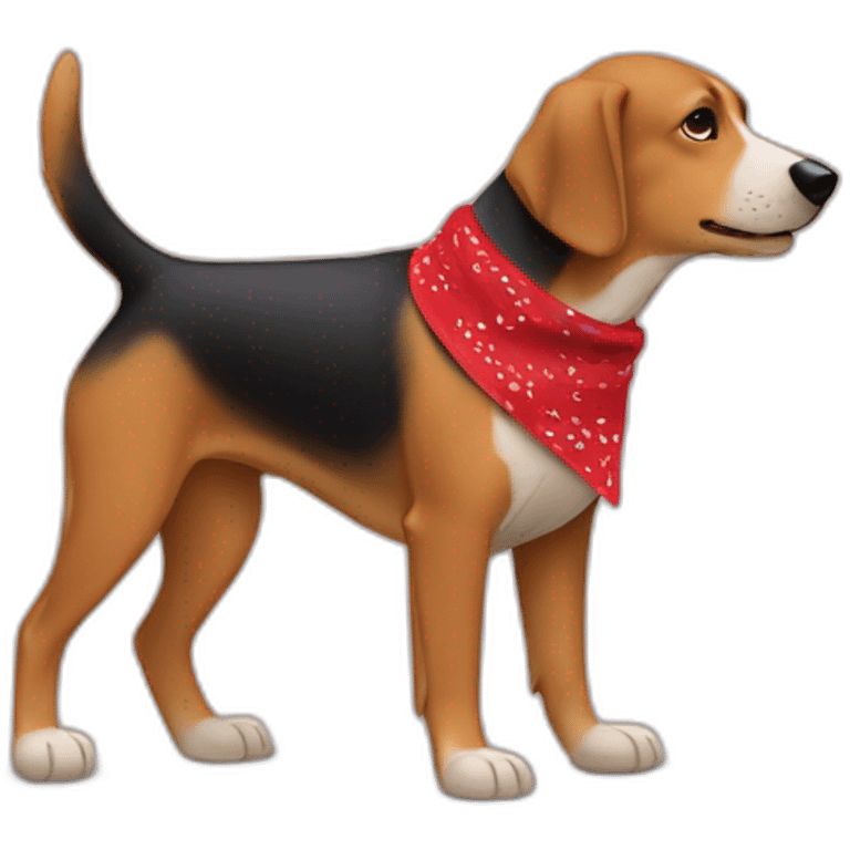 coonhound and German shepherd mix dog wearing small plain red bandana and walking left emoji