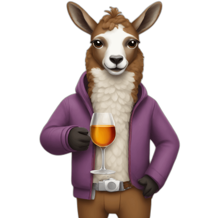 Lama wearing pants drinking wine with a dog emoji