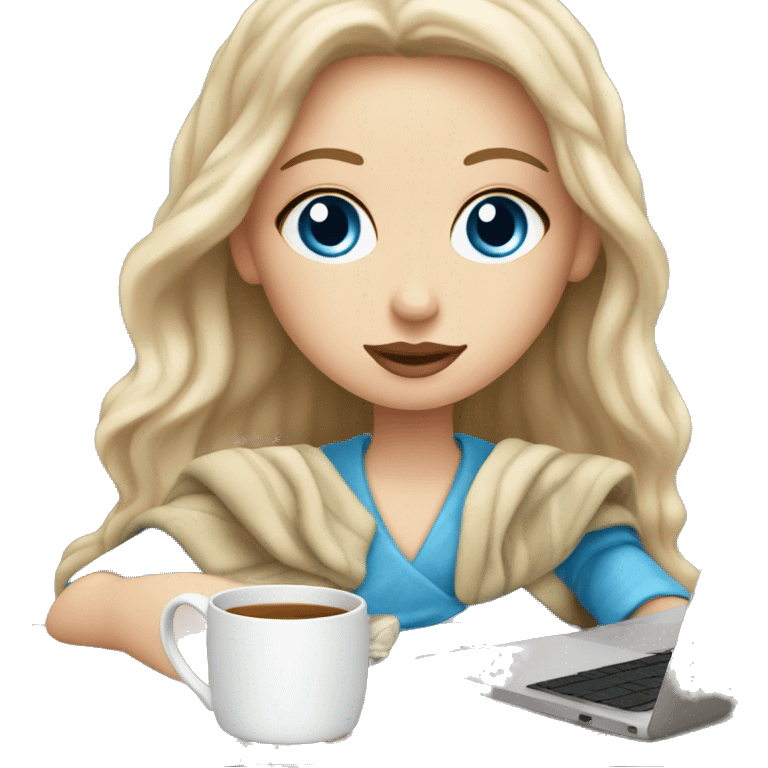 White Girl with blue eyes drinking tea with blanket on a macbook emoji