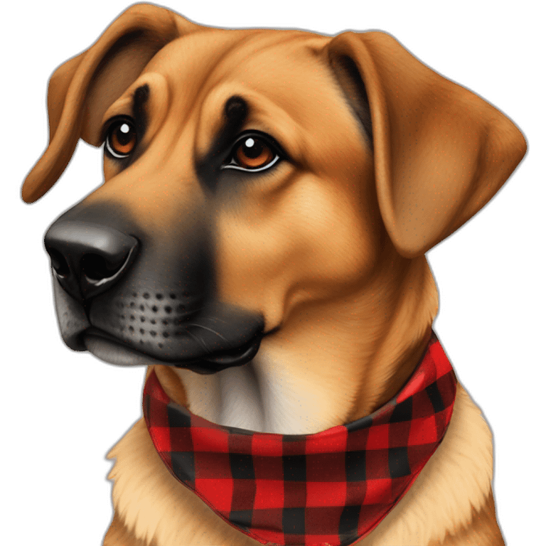 75% Coonhound 25% German Shepherd mix dog wearing small pointed red buffalo plaid bandana side view full body facing left emoji