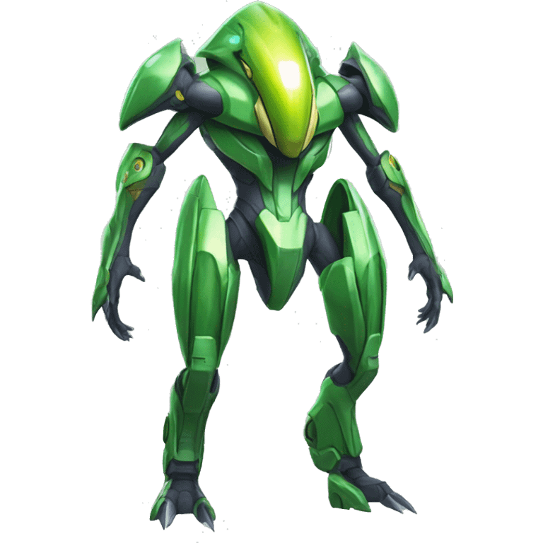 a shiny green Genesect-Raptor-Fakémon—hybrid with a futuristic visor-helmet full body emoji