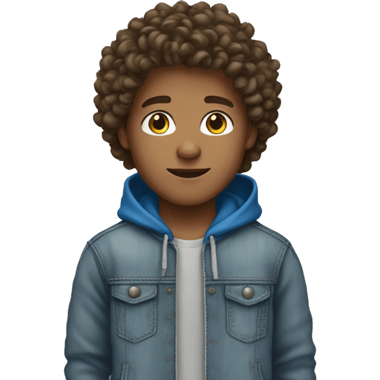 Boy with brown curly hair wear blue hoodie and grey jeans emoji