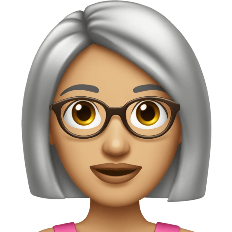 mujer, pelo liso corto café, ojos café, labios rosado, lentes redondos emoji