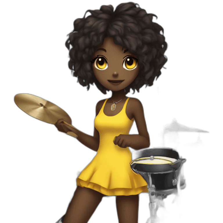 cute punk girl in yellow dress dark skin with yellow eyes and dark curvy hairs drummer anime style emoji